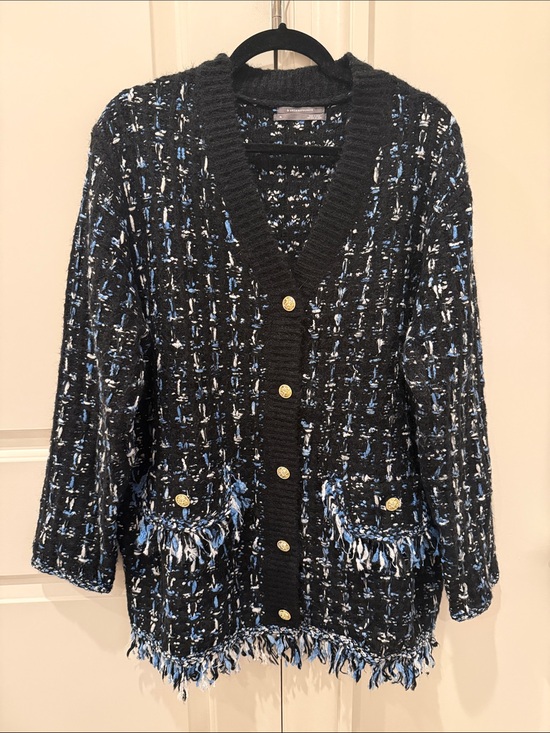 Anthropologie Sweaters - Anthropologie Tweed Fringe Cardigan Size XL Blk/Blu/Wht